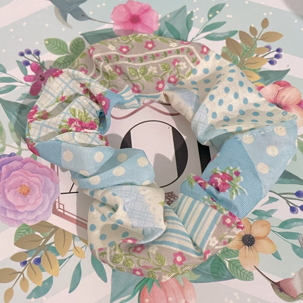 Charming Floral Blue and Pink Scrunchie